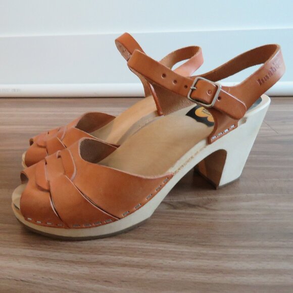 SWEDISH HASBEENS Leather Wooden Clog Staple Platform Sandals Natural 9.5-10 / 40 - Picture 2 of 15